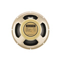 Top view of a beige Celestion G12 H 75W guitar speaker with black cone and terminal tabs visible.