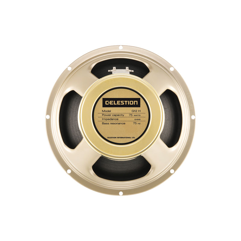 Top view of a beige Celestion G12 H 75W guitar speaker with black cone and terminal tabs visible.