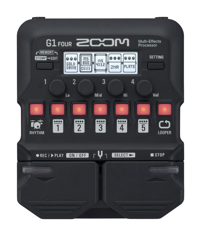 Top-down view of a black Zoom G1 Four multi-effects guitar pedal with knobs, buttons, and a digital screen.