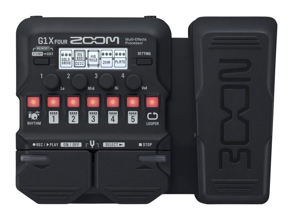 Black Zoom G1X Four multi-effects processor with knobs, buttons, and an expression pedal.