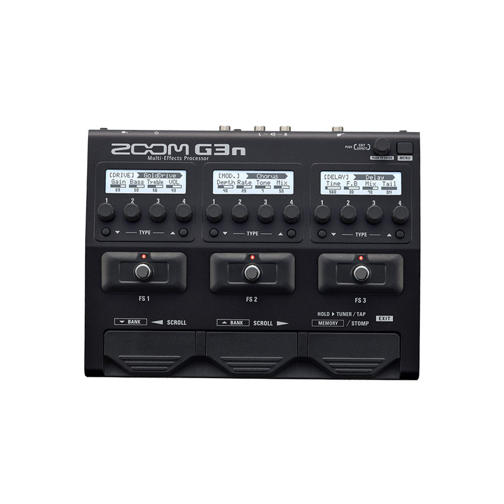 Black Zoom G3n multi-effects processor pedal with three footswitches and multiple control knobs visible.