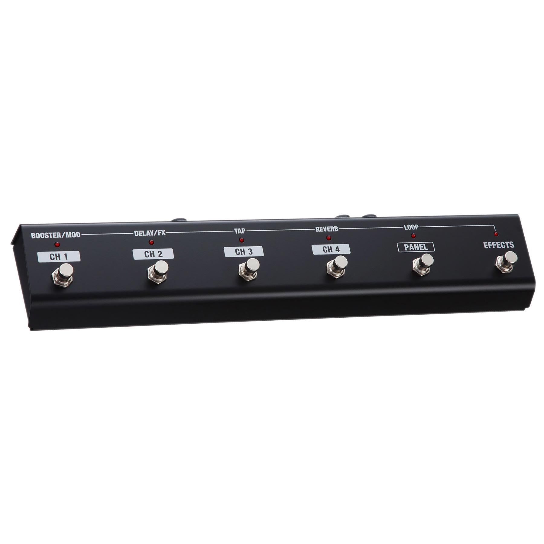 Black metal foot controller with six labeled footswitches for channel and effect control.