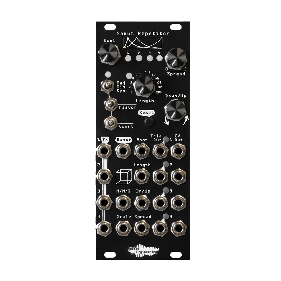 Noise Engineering Gamut Repetitor eurorack module with knobs, toggle switches, push button, and multiple jack sockets on black panel.