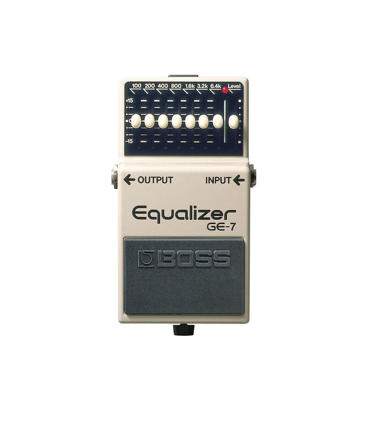 Beige Boss GE-7 graphic equalizer pedal with seven adjustable knobs and foot pedal control shown front view.