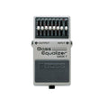 Gray guitar effects pedal with seven sliders and one level slider labeled Bass Equalizer GEB-7 by Boss.