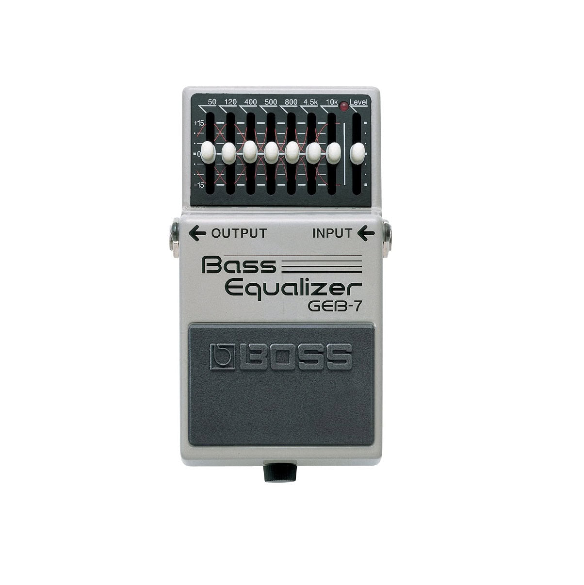 Gray guitar effects pedal with seven sliders and one level slider labeled Bass Equalizer GEB-7 by Boss.