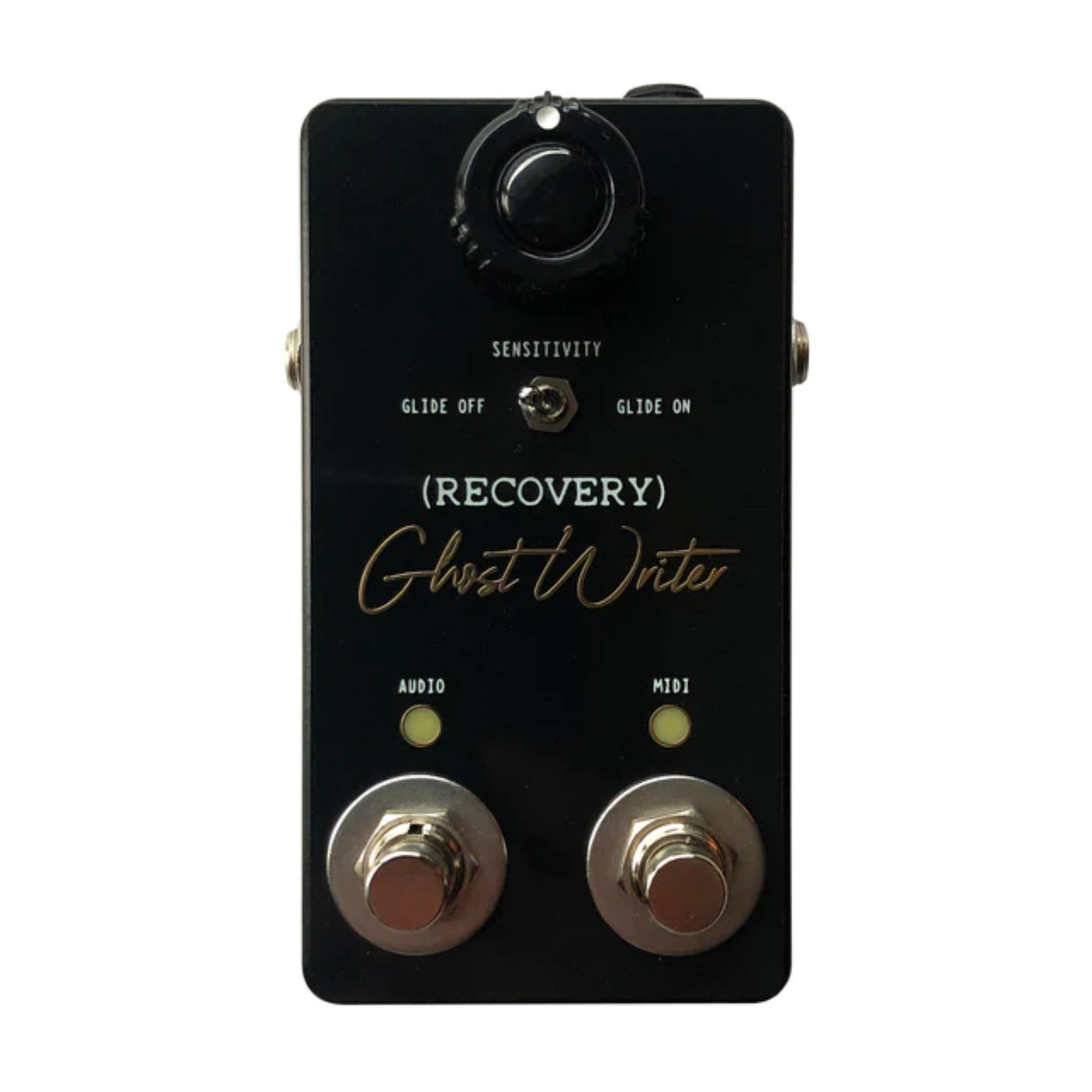 Black pedal with sensitivity knob, toggle switch, two footswitches, and indicator lights labeled AUDIO and MIDI.