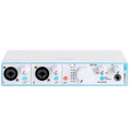 White Arturia audio interface with two combo inputs, multiple control knobs, a headphone jack, and LED indicators.