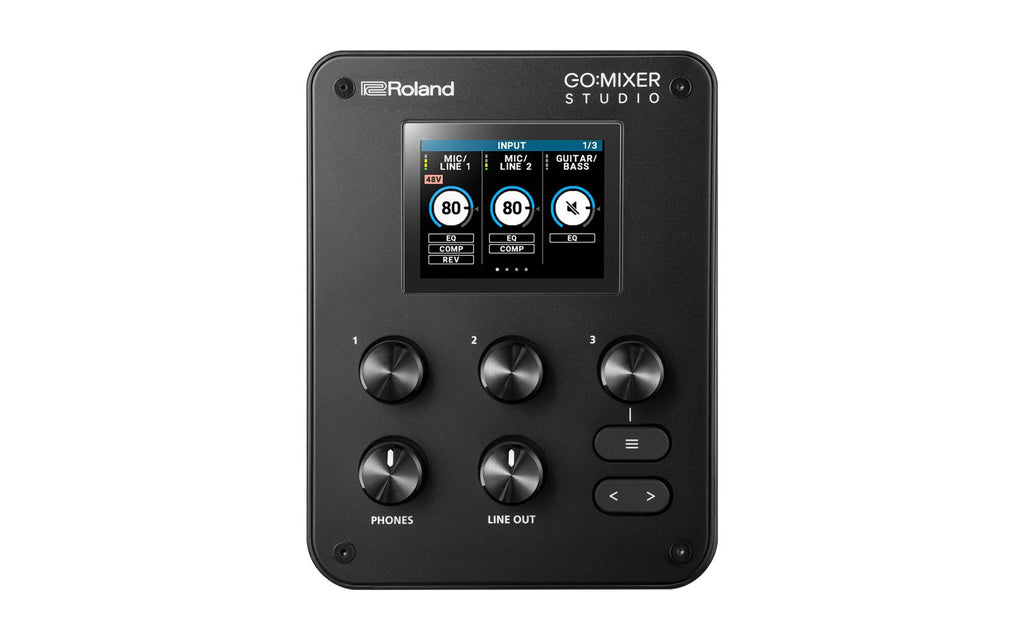 Black Roland GO:Mixer Studio audio mixer with screen and multiple knobs and buttons.