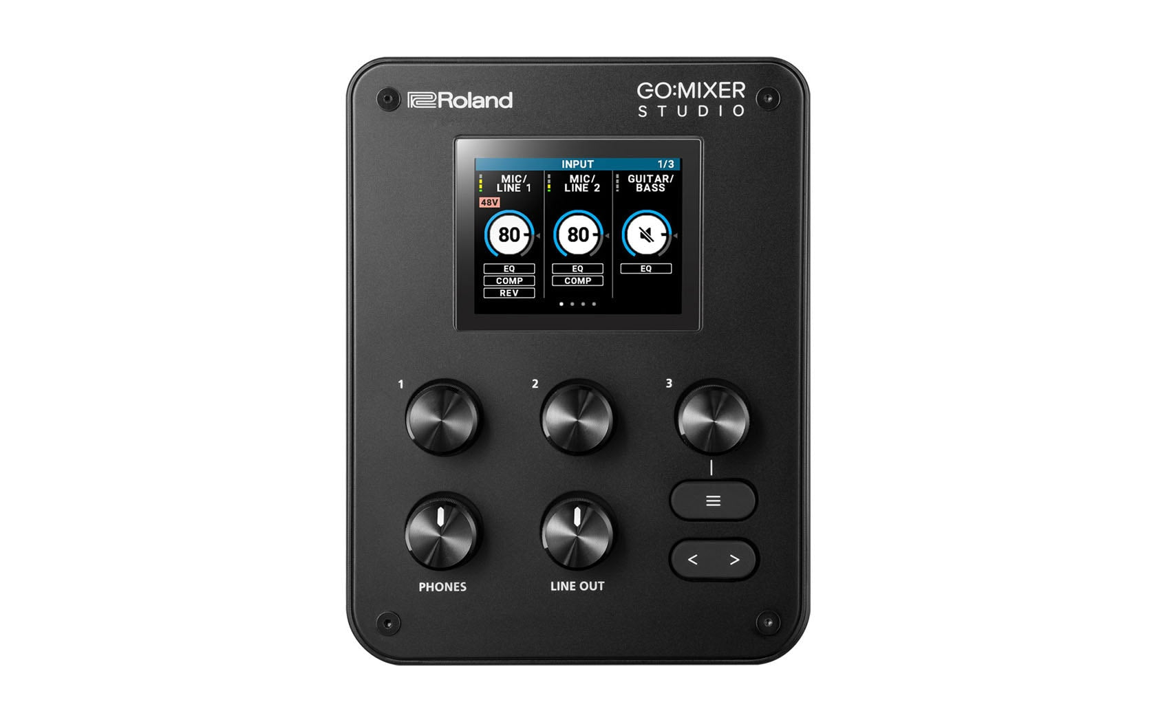 Black Roland GO:Mixer Studio audio mixer with screen and multiple knobs and buttons.