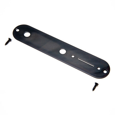 Black metal control plate with two screws and multiple holes and a slot, on a white background.