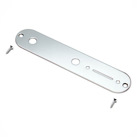 Chrome metal guitar control plate with three holes and two screws on a white background.