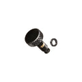 Black knurled metal screw with threaded shaft and small clip beside it on white background.