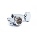 Chrome plated individual guitar locking tuner with tuning key and brand label visible.