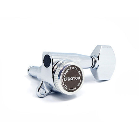 Chrome plated individual guitar locking tuner with tuning key and brand label visible.