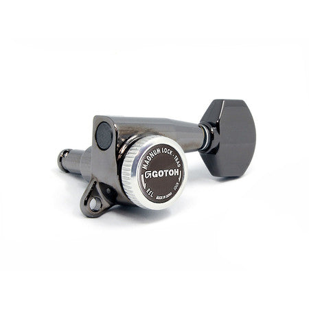 Single black metal locking guitar tuner with hexagonal tuning peg and engraved top cap.