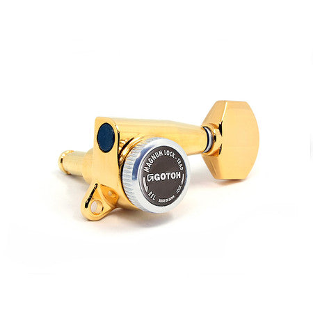 Single gold locking tuner with mounting post and knob labeled GOTOH on a white background.
