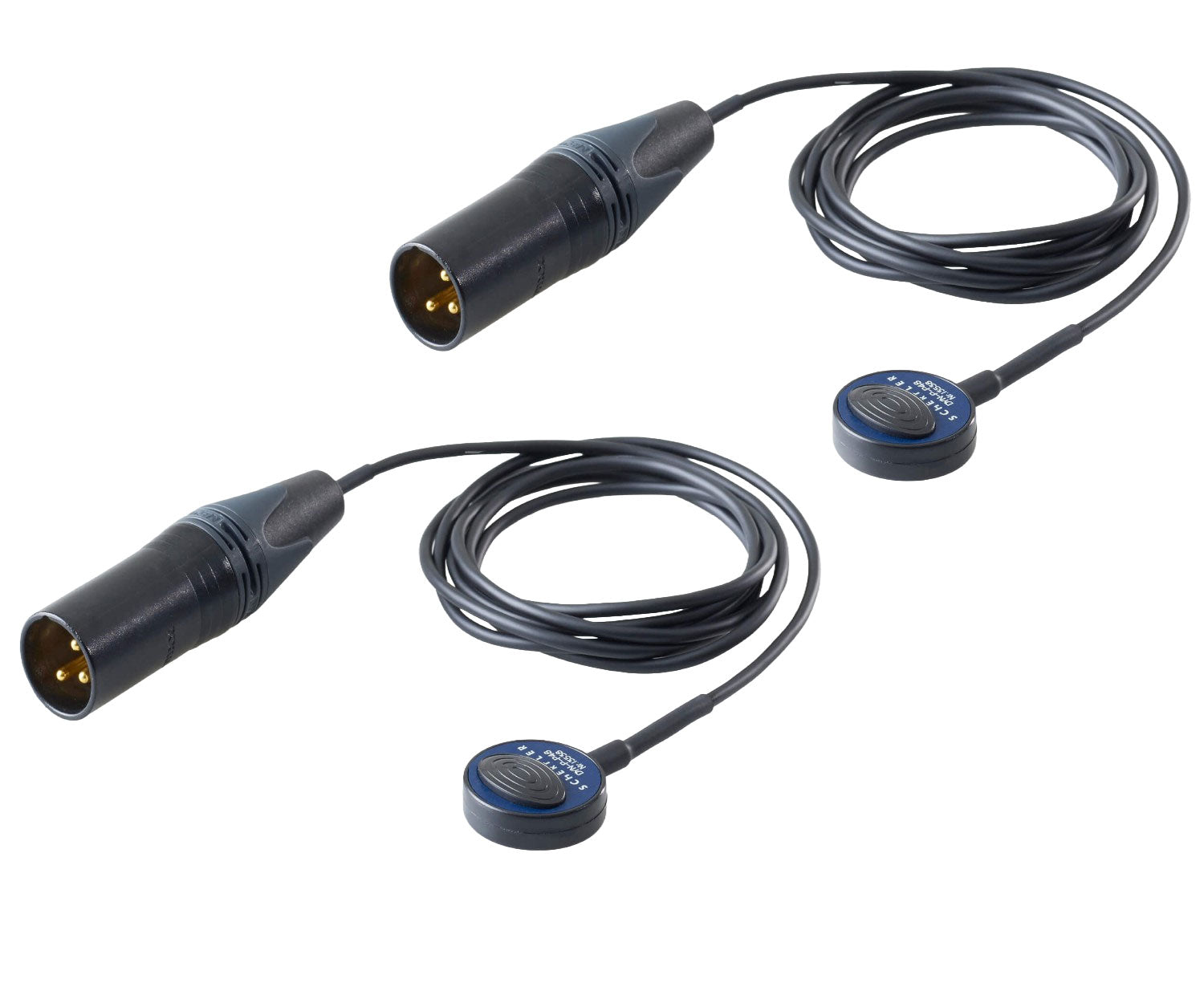 Two black circular pickups with attached cables and male circular connectors.