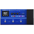 Blue bass effects pedal with screen, knobs, buttons, footswitches, and expression pedal on the right