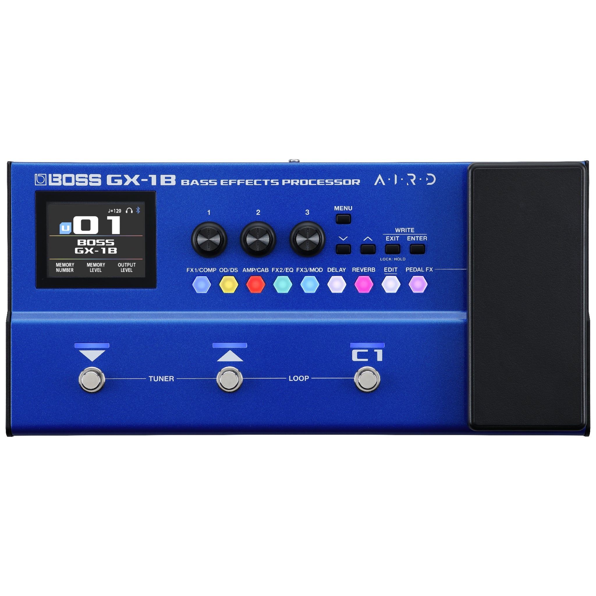 Blue bass effects pedal with screen, knobs, buttons, footswitches, and expression pedal on the right