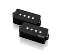 Two black electric bass pickups with silver pole pieces, one marked with EMG logo.