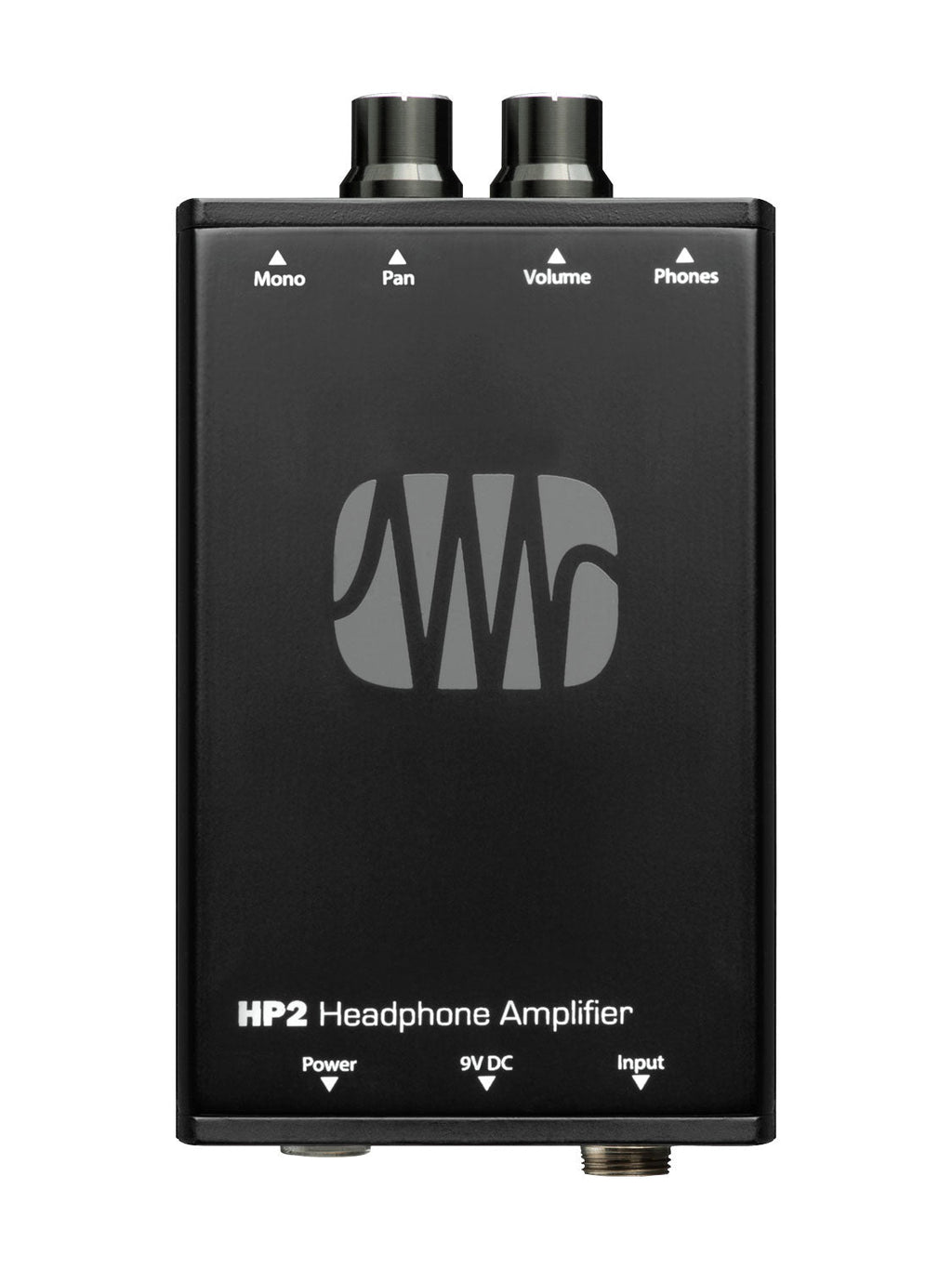 Black rectangular HP2 headphone amplifier with four knobs and multiple jacks on top and bottom edges.
