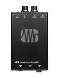 Black rectangular HP2 headphone amplifier with four knobs and multiple jacks on top and bottom edges.