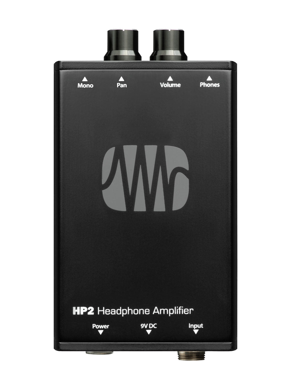 Black rectangular HP2 headphone amplifier with four knobs and multiple jacks on top and bottom edges.