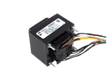 Black electrical power transformer with multiple colored insulated wires and a white label.