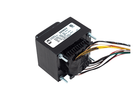 Black electrical power transformer with multiple colored insulated wires and a white label.