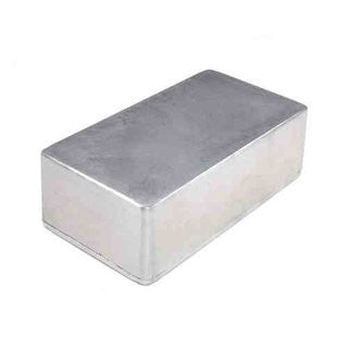 Rectangular silver metal enclosure box with rounded edges on a white background.