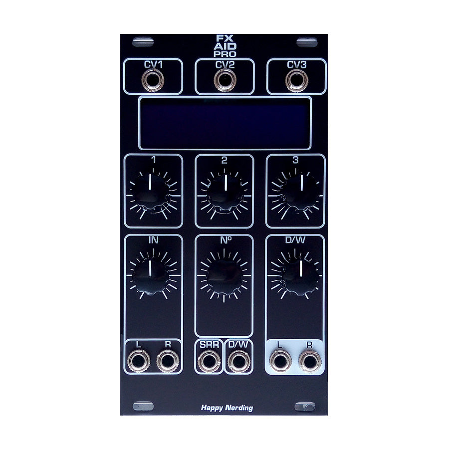 Black eurorack module with multiple rotary knobs, 3.5mm jacks, and a display area labeled FX AID PRO by Happy Nerding.