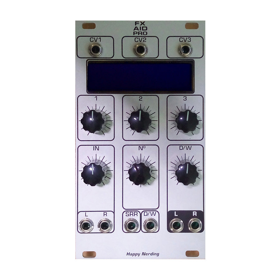 Silver eurorack module with six rotary knobs, eight 3.5mm jacks, and a blue display window labeled FX AID PRO.