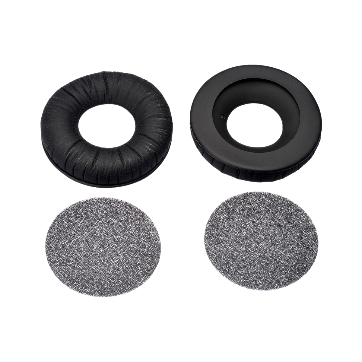 Two black ear pads and two round gray foam covers for headphones shown on a white background.