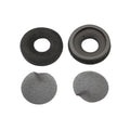 Two black velour ear pads and two gray foam inserts for headphones on a white background.
