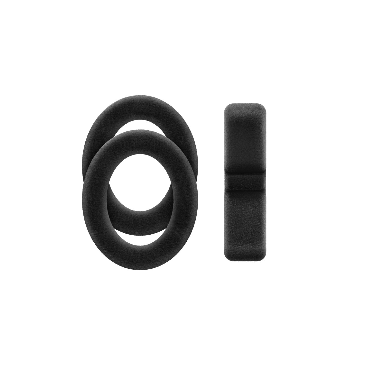 Two black round ear pads and one rectangular headphone headband pad on white background.