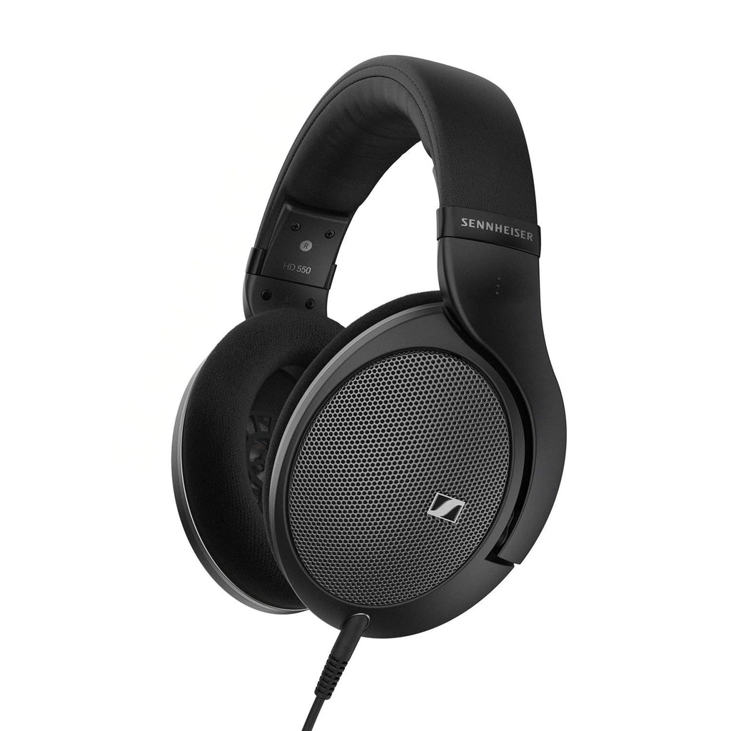 Black over-ear wired headphones with mesh ear cups and padded headband.