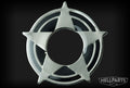 Silver metal decorative washer with a star shape and circular cutouts on a black background
