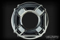 Circular metal washer with black and silver cross pattern and a central hole.