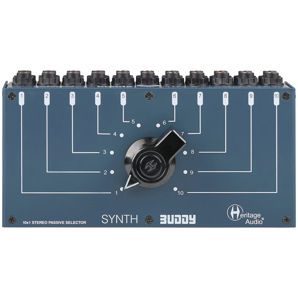 Dark blue stereo passive selector with 10 jack sockets and a rotary switch labeled 1 to 10 on the top panel.