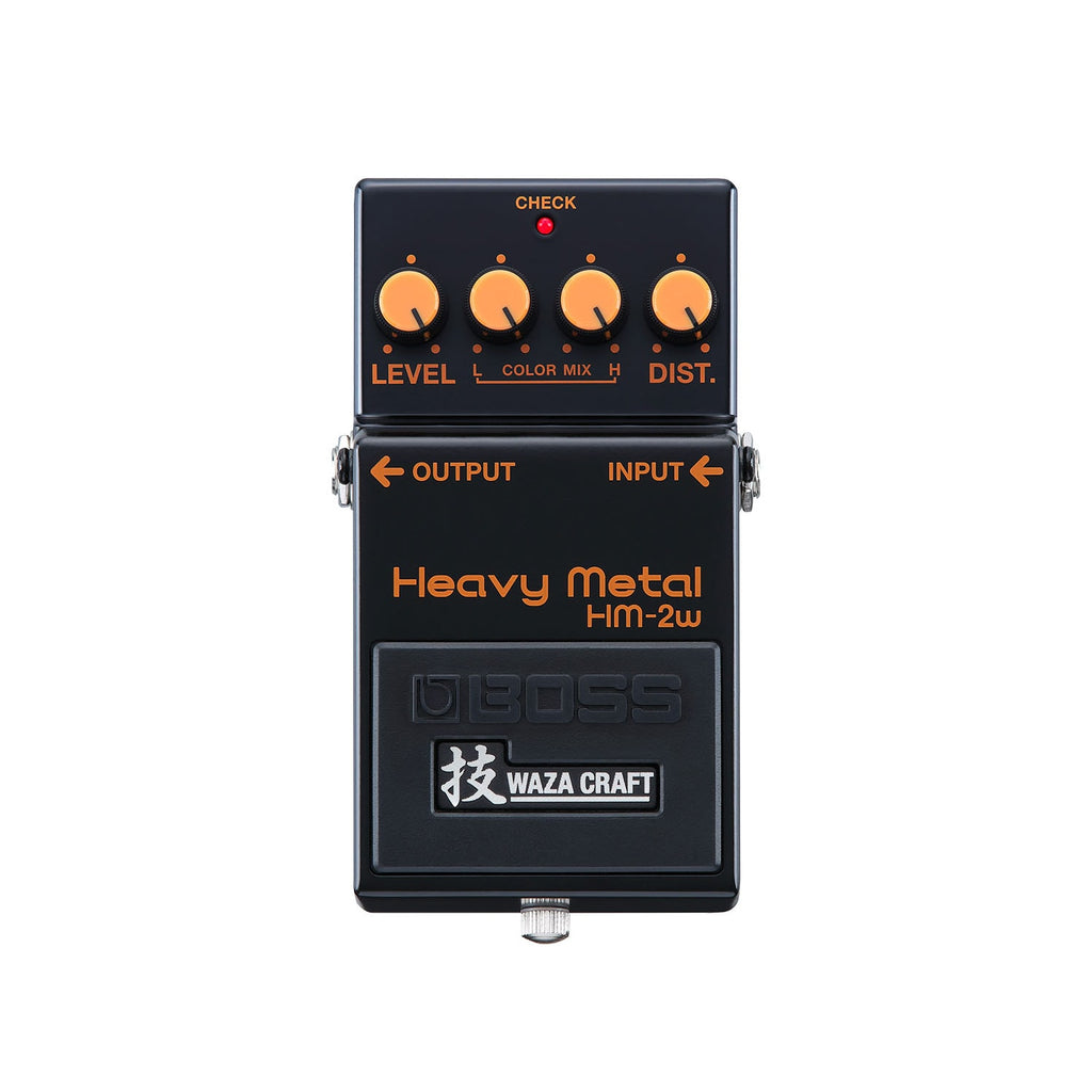 Black guitar effects pedal with orange knobs labeled Level, Color Mix, Dist., and Waza Craft branding.