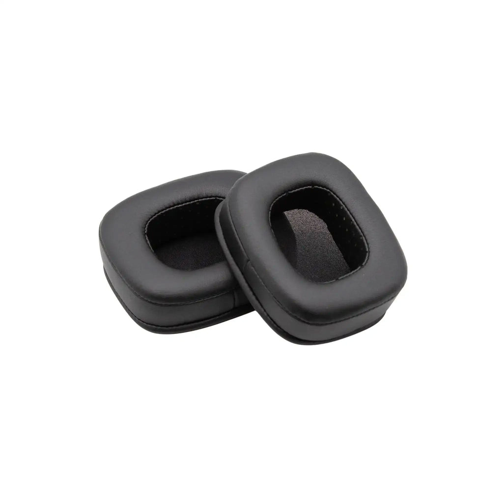 A pair of black rectangular synthetic leather ear pads for headphones.