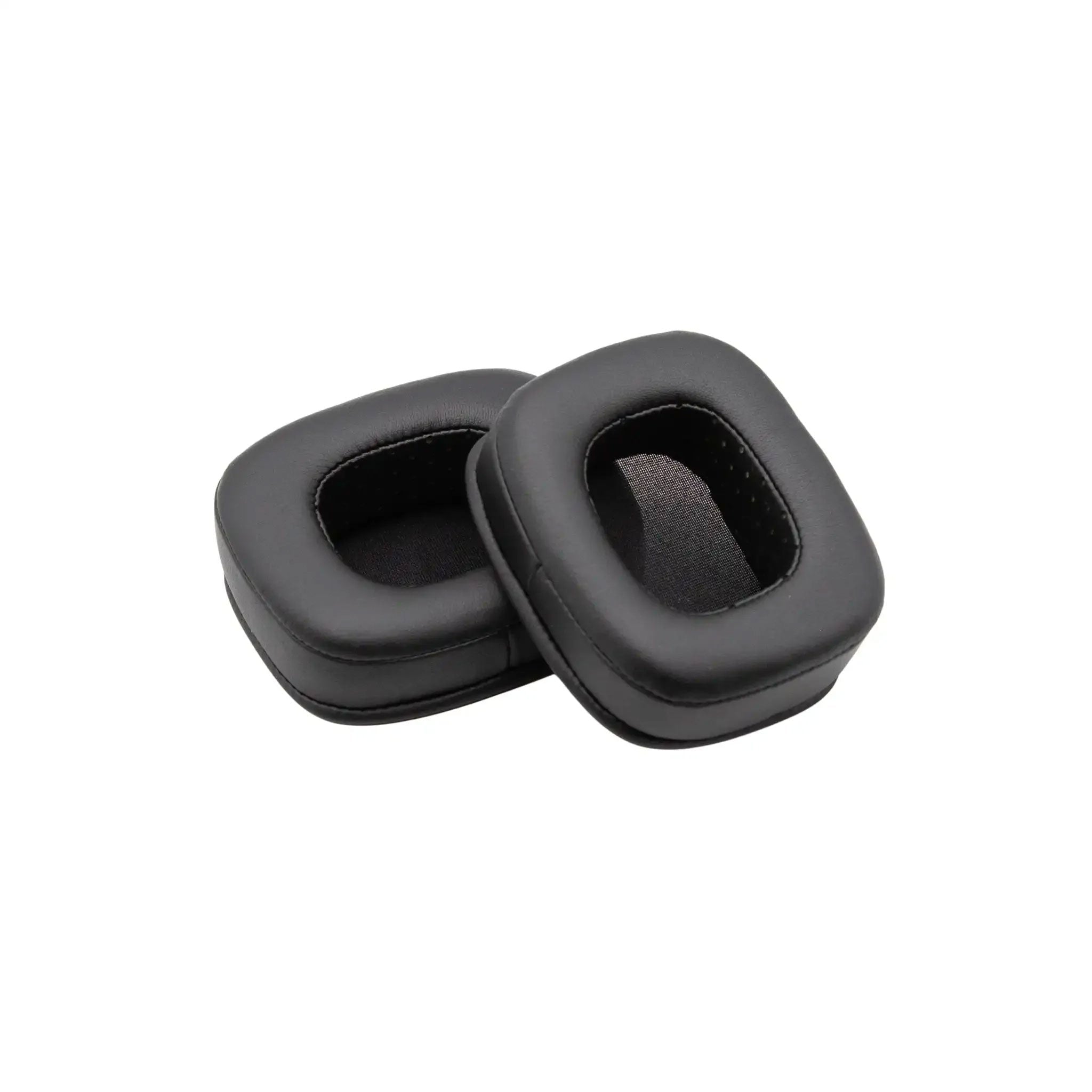 A pair of black rectangular synthetic leather ear pads for headphones.