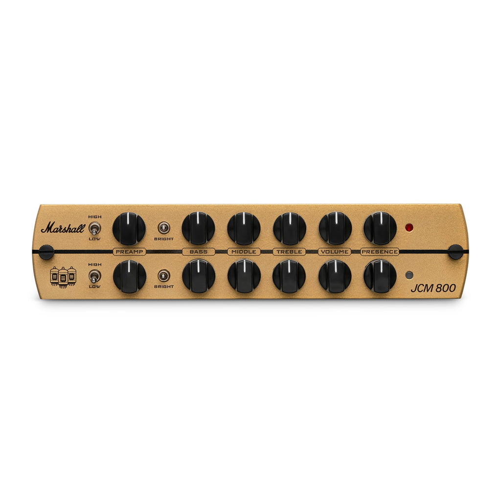 Front view of a gold-colored Marshall JCM 800 preamp module with two rows of controls and switches.
