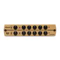 Front view of a gold-colored Marshall JCM 800 preamp module with two rows of controls and switches.