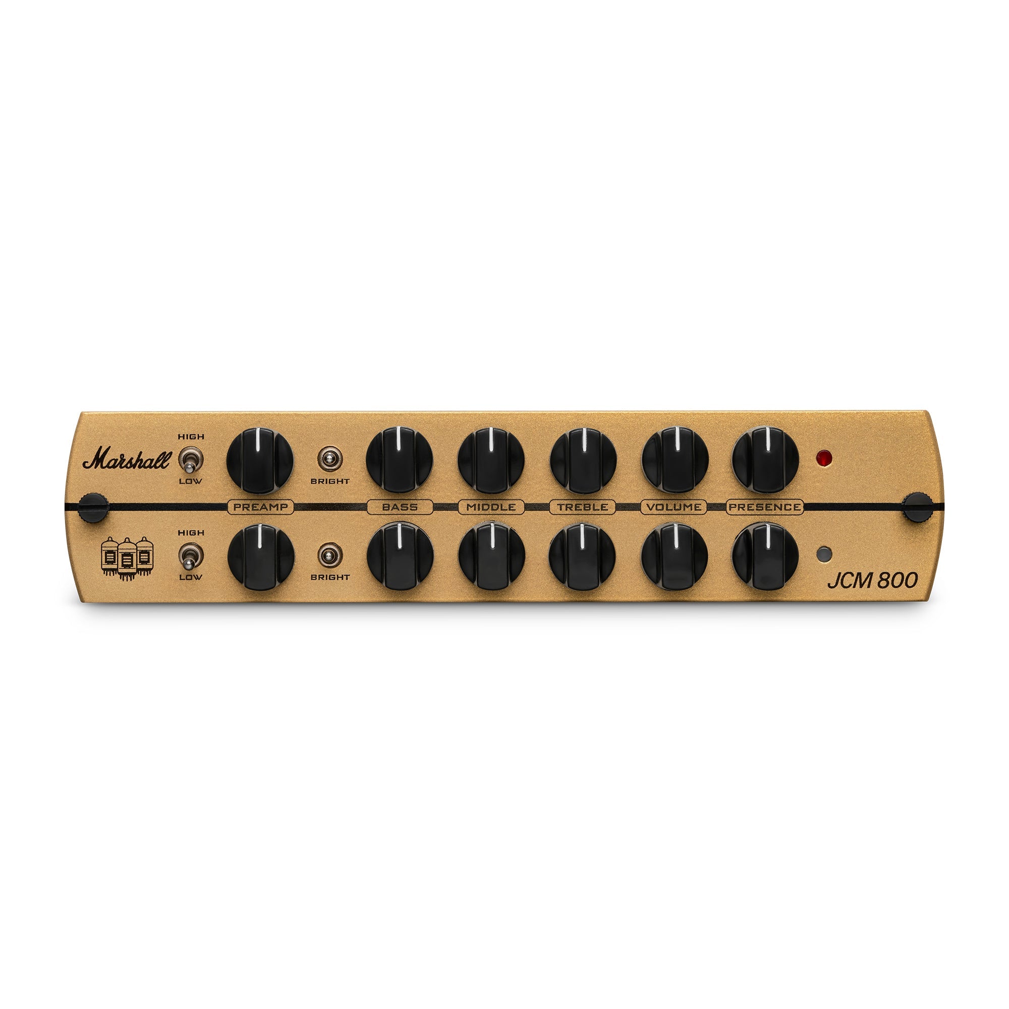 Front view of a gold-colored Marshall JCM 800 preamp module with two rows of controls and switches.