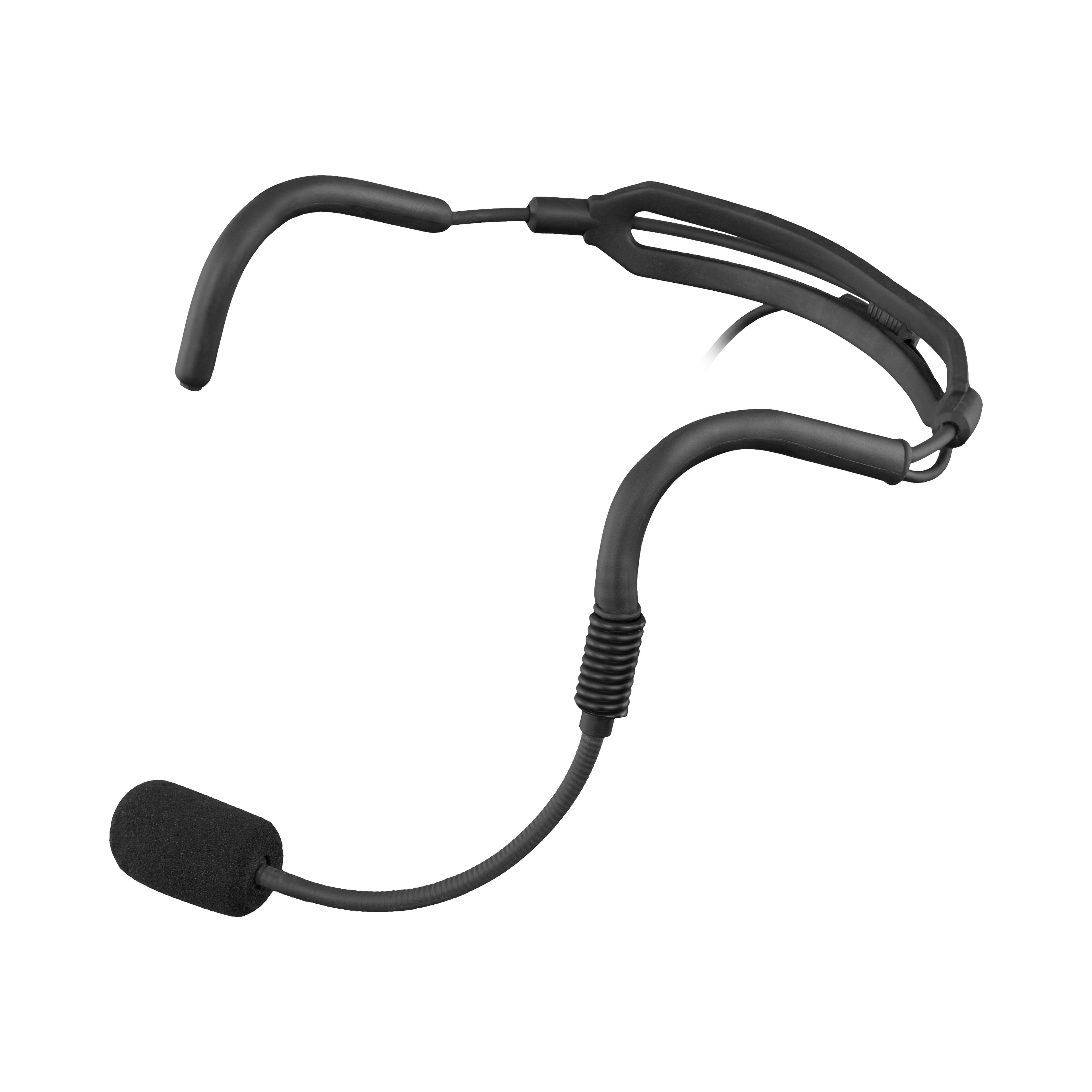 Black headset-style microphone with a flexible boom arm and foam windscreen.