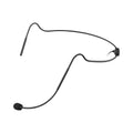 Black headset microphone with flexible boom and foam windscreen on white background.