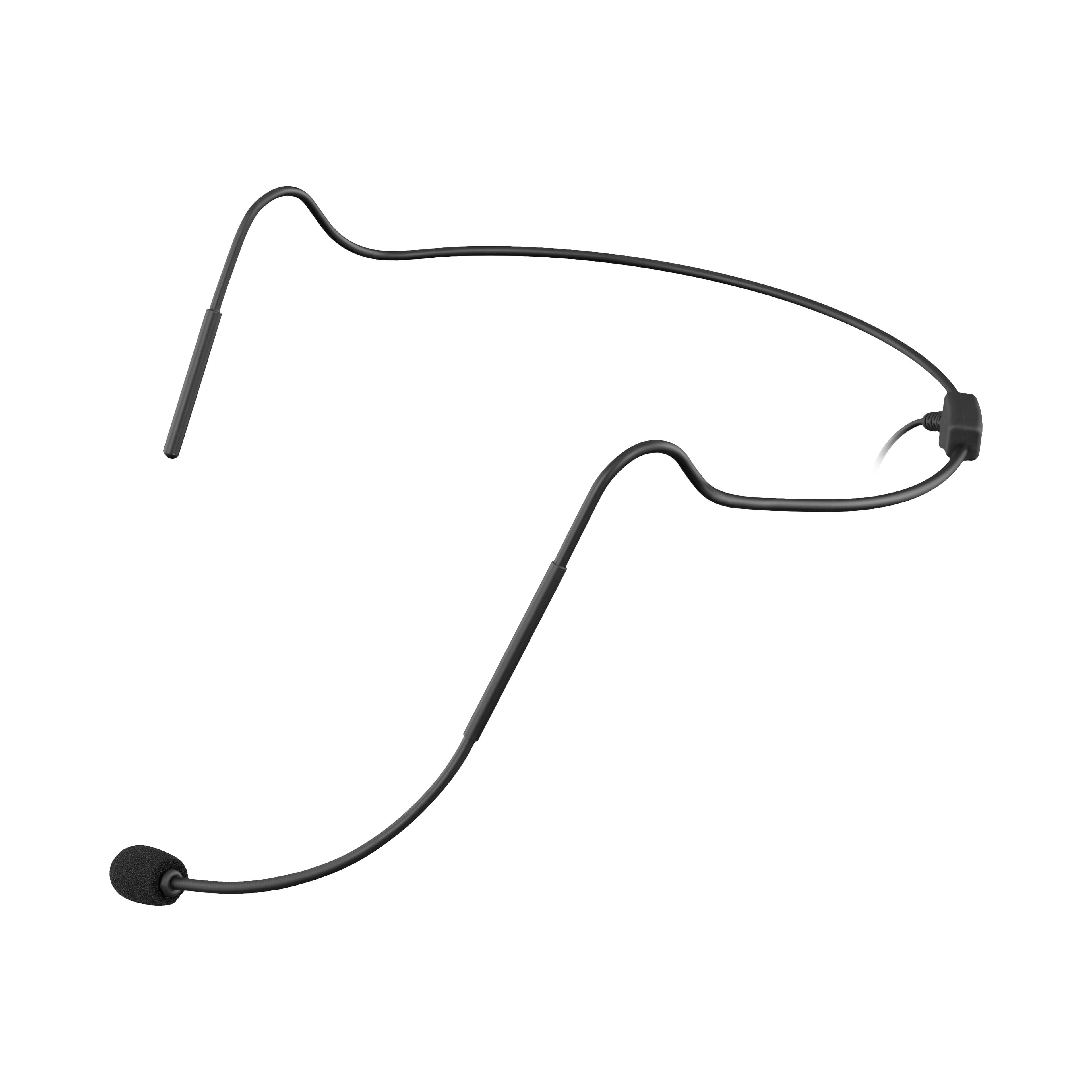 Black headset microphone with flexible boom and foam windscreen on white background.