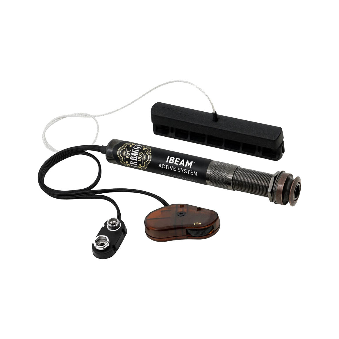 Active acoustic guitar system with pickup, cylindrical metal part, rectangular component, and rotary control with cable and connectors.